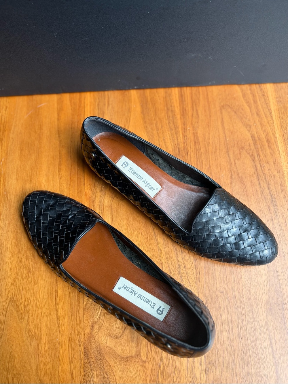 Etienne Aigner Black Woven Leather Slip-On Flats